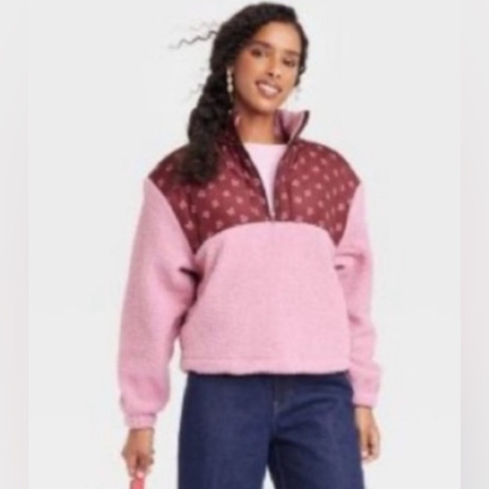 Universal Thread Colorblock Quarter-zip Pink Sherpa Sweatshirt Sz Small
